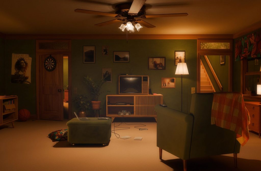 Cozy retro living room interior with green walls and vintage furniture at night