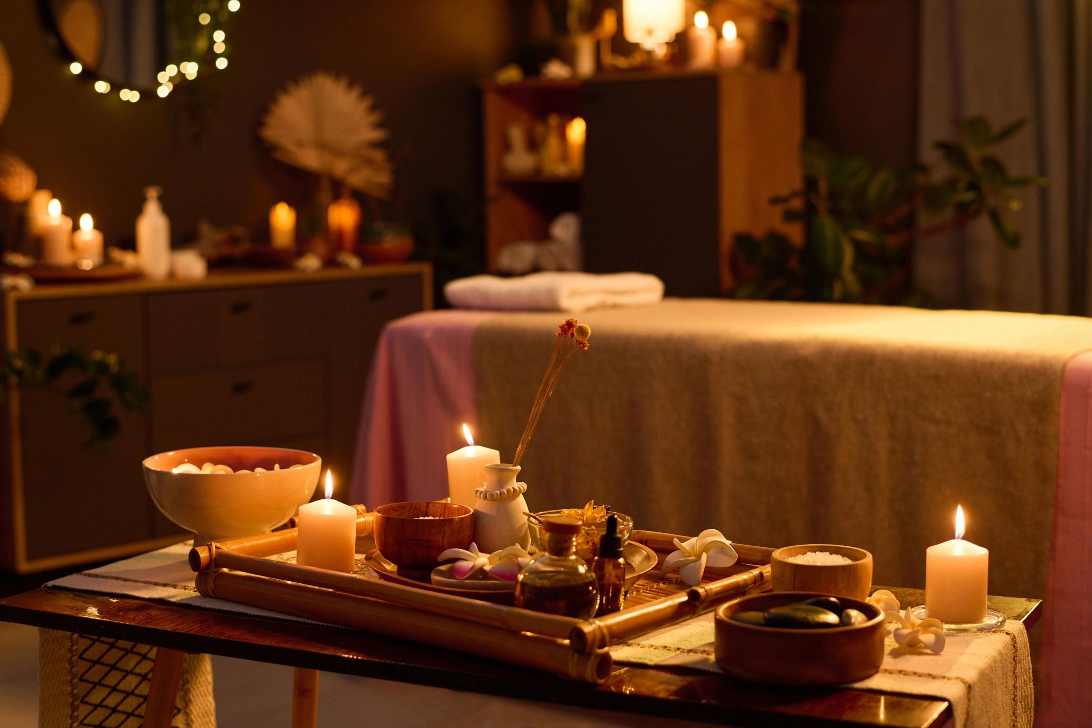 Peaceful therapy room with soft lighting and candles